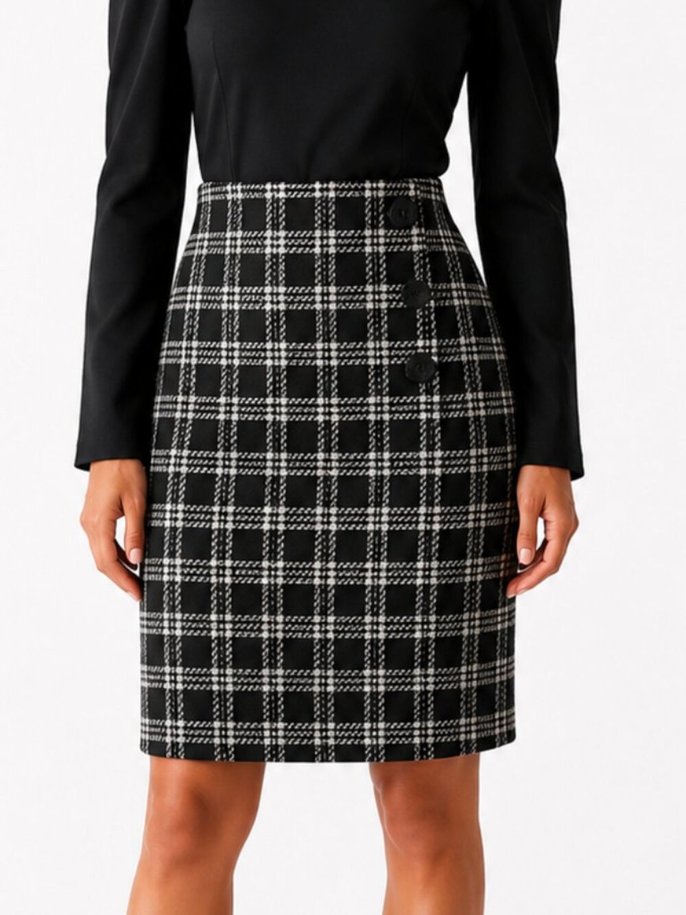 Ann Taylor Black & Cream Plaid Pencil Skirt Decorative Buttons Size 2